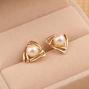 Korean Fashion Pearl Inlaid Golden Hollow Triangles Ear Studs