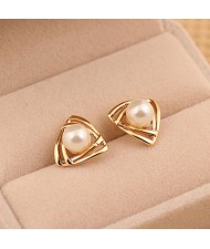 Korean Fashion Pearl Inlaid Golden Hollow Triangles Ear Studs