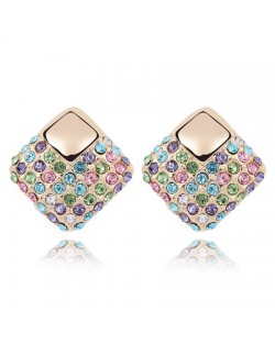 Korean Fashion Multi-color Crystal Square Gold Plated Ear Studs