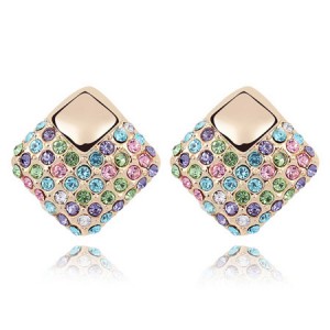 Korean Fashion Multi-color Crystal Square Gold Plated Ear Studs