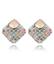 Korean Fashion Multi-color Crystal Square Gold Plated Ear Studs