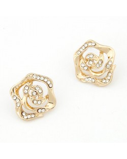 Czech Stones Inlaid Hollow Golden Rose Ear Studs