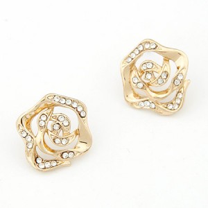 Czech Stones Inlaid Hollow Golden Rose Ear Studs