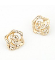 Czech Stones Inlaid Hollow Golden Rose Ear Studs