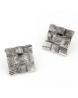 Vintage Weaving Prints Square Ear Studs - Silver