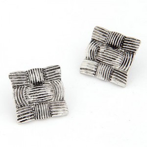 Vintage Weaving Prints Square Ear Studs - Silver