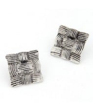 Vintage Weaving Prints Square Ear Studs - Silver