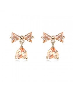 Bowknot with Dangling Inverted Heart Zircon Earrings - Champagne