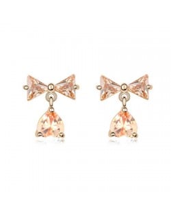 Bowknot with Dangling Inverted Heart Zircon Earrings - Champagne