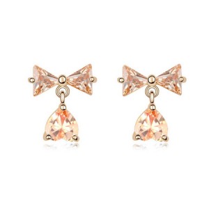 Bowknot with Dangling Inverted Heart Zircon Earrings - Champagne