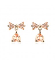 Bowknot with Dangling Inverted Heart Zircon Earrings - Champagne