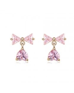 Bowknot with Dangling Inverted Heart Zircon Earrings - Pink