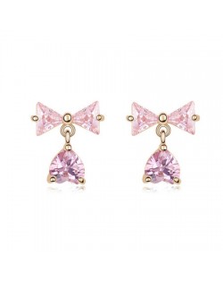 Bowknot with Dangling Inverted Heart Zircon Earrings - Pink