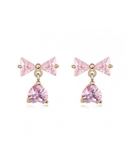 Bowknot with Dangling Inverted Heart Zircon Earrings - Pink