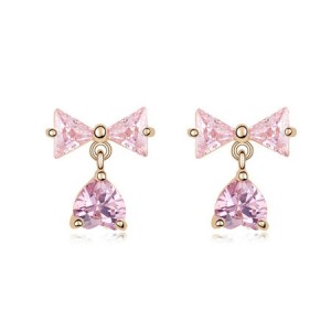 Bowknot with Dangling Inverted Heart Zircon Earrings - Pink