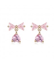Bowknot with Dangling Inverted Heart Zircon Earrings - Pink