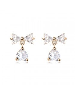 Bowknot with Dangling Inverted Heart Zircon Earrings - Transparent