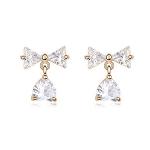 Bowknot with Dangling Inverted Heart Zircon Earrings - Transparent