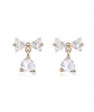 Bowknot with Dangling Inverted Heart Zircon Earrings - Transparent