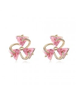 Revolving Three-leaf Clover Zircon Ear Studs - Pink