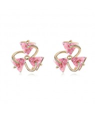 Revolving Three-leaf Clover Zircon Ear Studs - Pink