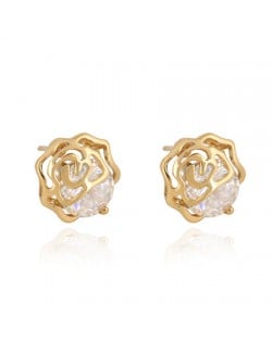 Transparent Zircon Embedded 18K Gold Plated Hollow Rose Ear Studs