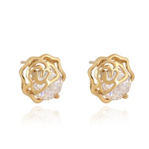 Transparent Zircon Embedded 18K Gold Plated Hollow Rose Ear Studs