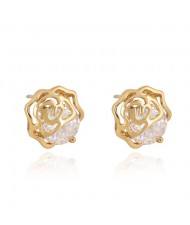 Transparent Zircon Embedded 18K Gold Plated Hollow Rose Ear Studs