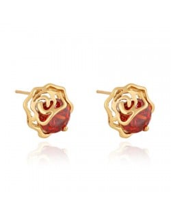 Red Zircon Embedded 18K Gold Plated Hollow Rose Ear Studs
