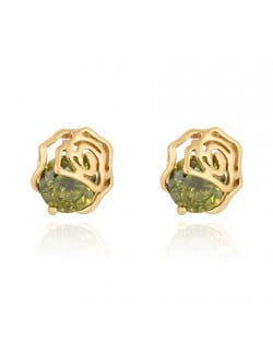 Olive Zircon Embedded 18K Gold Plated Hollow Rose Ear Studs