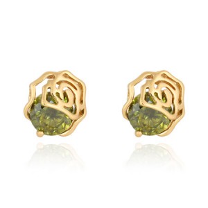 Olive Zircon Embedded 18K Gold Plated Hollow Rose Ear Studs