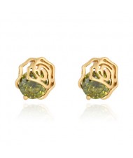 Olive Zircon Embedded 18K Gold Plated Hollow Rose Ear Studs