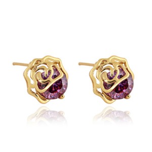 Grape Zircon Embedded 18K Gold Plated Hollow Rose Ear Studs