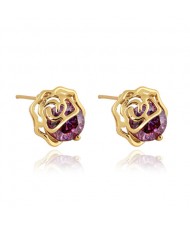 Grape Zircon Embedded 18K Gold Plated Hollow Rose Ear Studs