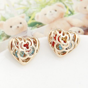 Korean Fashion Hollow Golden Floral Heart Ear Studs