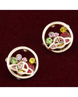 Rhinestone Decorated Universe Hoop Ear Studs - Colorful