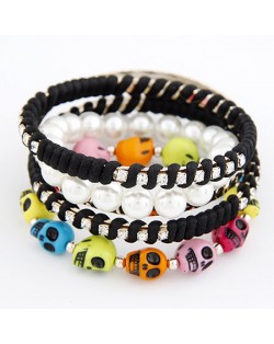 Punk Fashion Colorful Skulls Pearls and Weaving Combo Bangle - Black