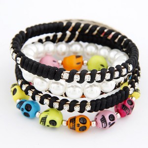 Punk Fashion Colorful Skulls Pearls and Weaving Combo Bangle - Black