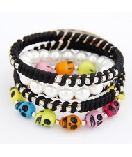 Punk Fashion Colorful Skulls Pearls and Weaving Combo Bangle - Black