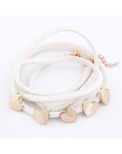 Golden Peach Hearts Decorations Leather Bracelet - White