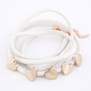 Golden Peach Hearts Decorations Leather Bracelet - White
