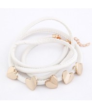 Golden Peach Hearts Decorations Leather Bracelet - White