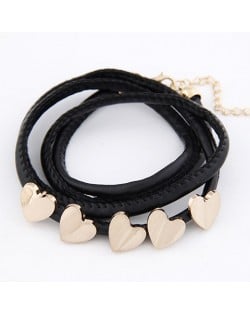 Golden Peach Hearts Decorations Leather Bracelet - Black