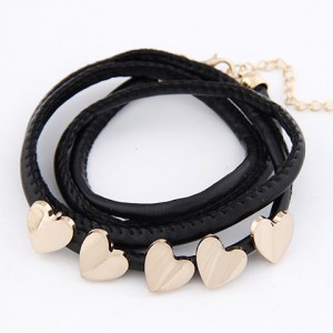 Golden Peach Hearts Decorations Leather Bracelet - Black
