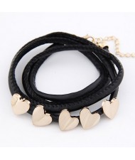 Golden Peach Hearts Decorations Leather Bracelet - Black