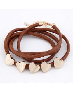 Golden Peach Hearts Decorations Leather Bracelet - Brown