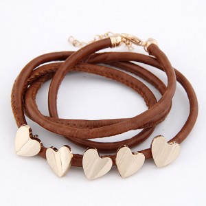 Golden Peach Hearts Decorations Leather Bracelet - Brown