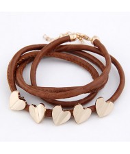 Golden Peach Hearts Decorations Leather Bracelet - Brown