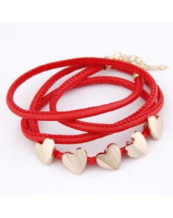 Golden Peach Hearts Decorations Leather Bracelet - Red