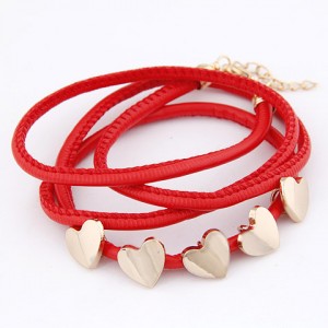Golden Peach Hearts Decorations Leather Bracelet - Red